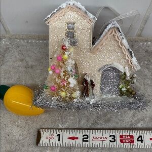 Miniature Glittery Holiday Putz House Ornament with Tiny Santa 4”x2”x4”
